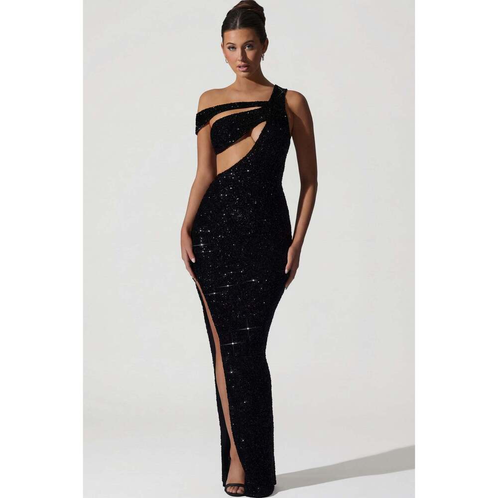 Oh Polly Embellished Asymmetric Cut-Out Gown in Black 6